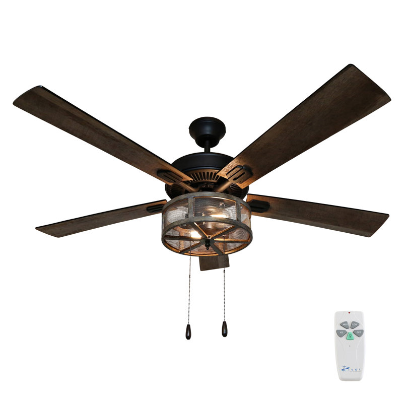 17 Stories 52" Abbigail Woodgrain Caged Farmhouse 5 Blade Ceiling Fan with Remote, Light Kit